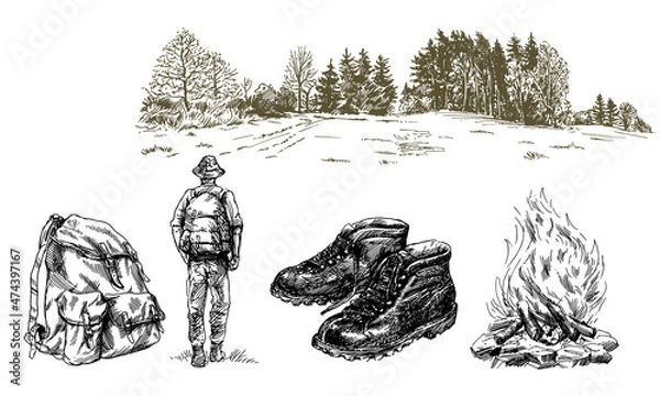 Obraz Hiker man with backpack in forest.