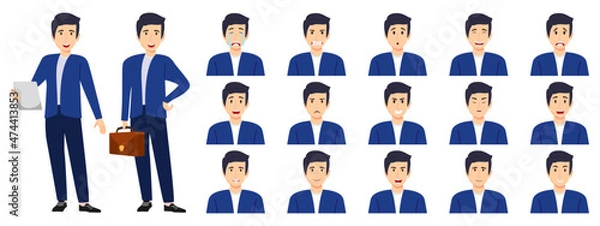 Fototapeta Businessman set an avatar set with different facial expression and emotion angry cry happy unhappy sad excited cheerful isolated posing
