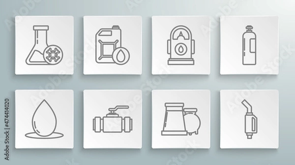 Fototapeta Set line Oil drop, Industry metallic pipes and valve, gas industrial factory building, Gasoline pump nozzle, Petrol station, Industrial cylinder tank and Antifreeze test tube icon. Vector
