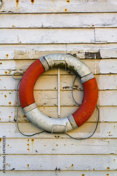 Fototapeta Rescue Buoy on grungy wooden wall