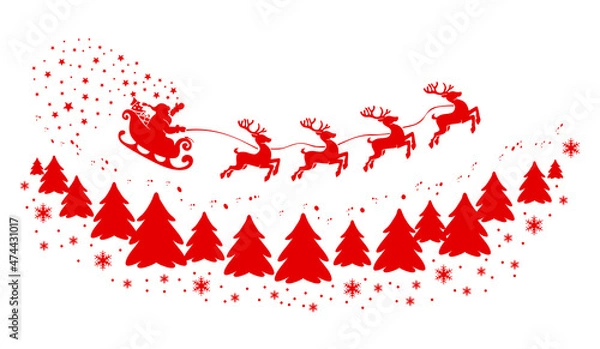 Obraz Christmas decoration with flying santa claus sleigh and reindeer. Vector on transparent background