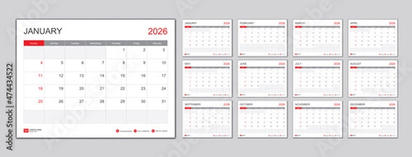 Obraz Calendar template for 2026 with week start on Sunday.Desk Calendar 2026 template, Planner simple, wall calendar 2026 design, Stationery, printing media, vector illustration