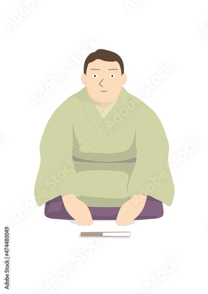 Fototapeta 扇子を前に置いてお辞儀をしている着物を着た男性噺家