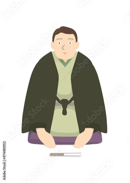 Fototapeta 扇子を前に置いてお辞儀をしている羽織を着た男性噺家