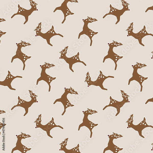 Obraz Christmas reindeer cookies seamless repeating pattern background. Trendy for fabric, texitle print, wallpaper, background, wrapping or invitation cards, packaging.