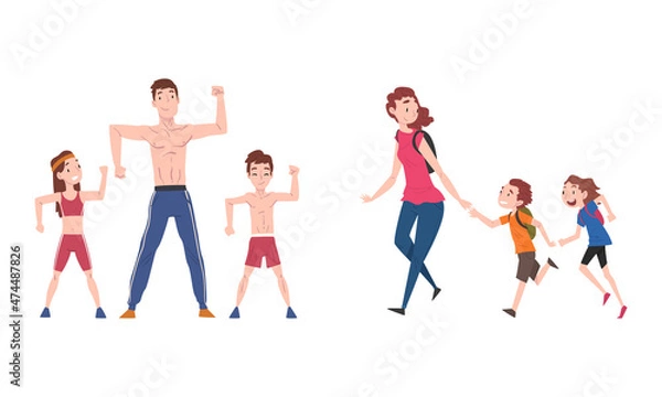 Fototapeta Parents and Their Kids Having Good Time Together Hiking with Backpack and Doing Physical Exercise Vector Set