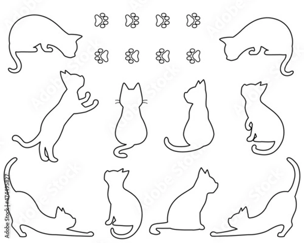 Obraz ネコのシルエット線画イラストセット