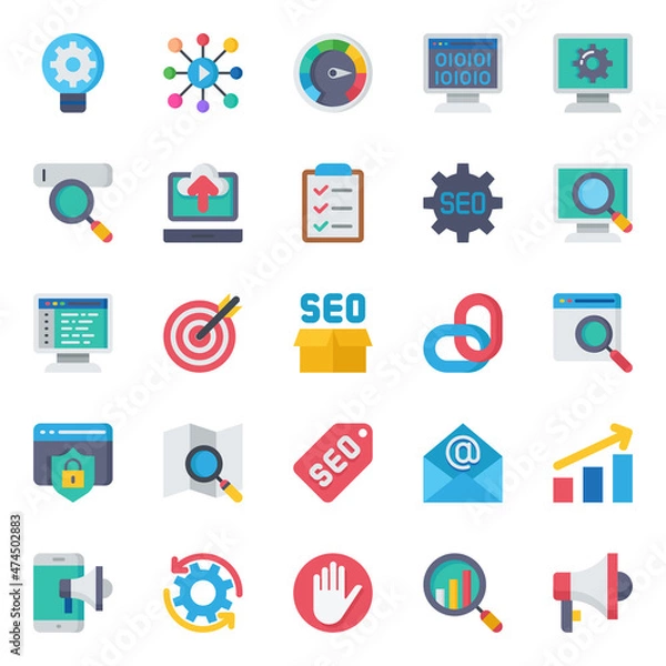 Fototapeta Flat color icons for search engine optimization.