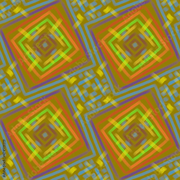 Fototapeta Ethnic seamless hand-drawn pattern. Orange-yellow squares arranged diagonally. Beautiful bright glowing ornament. Oriental motifs. Design of background, fabric, textile, wallpaper, template.