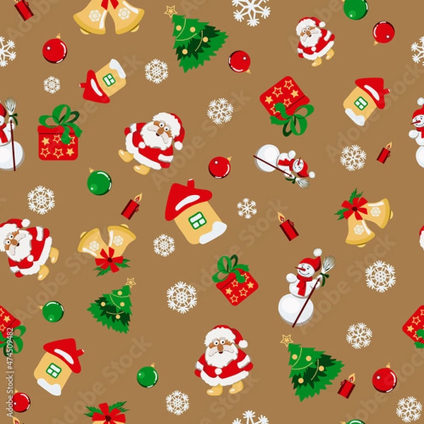 Obraz Winter pattern with New Year and Christmas attributes. Vector seamless pattern with the image of Christmas pictures. Santa Claus, Christmas tree, candle, bells and others.