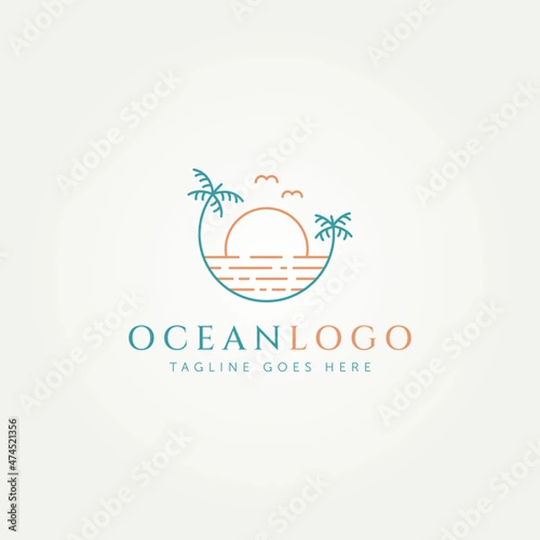 Fototapeta ocean minimalist line art logo design. ocean beach view with palm tree and sunset line art simple logo template vector illustration design