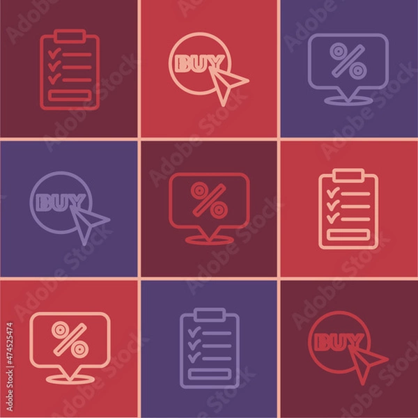 Fototapeta Set line Clipboard with checklist, Discount percent tag and Buy button icon. Vector