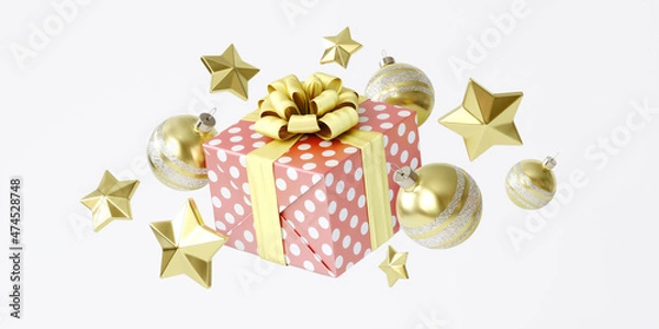 Fototapeta A beautiful New Year's Eve composition with Christmas decorations and a gift box with a bow. The 3D illustration is done in red, yellow and gold colors.