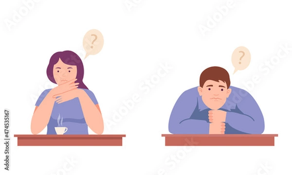 Fototapeta People thinking with question marks over their heads set. Puzzled or doubting persons thinking about problems vector illustration