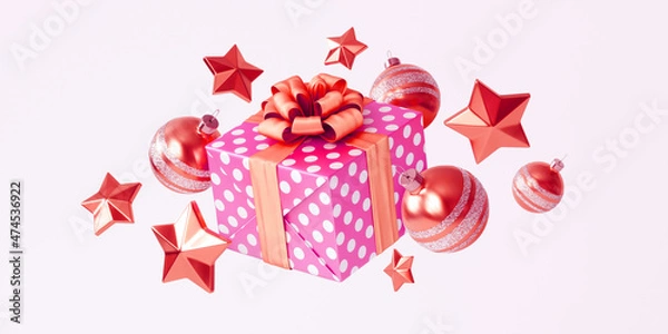 Fototapeta New Years composition with Christmas toys and a gift box with a bow. 3d illustration is made in red and pink colors of shiny materials.