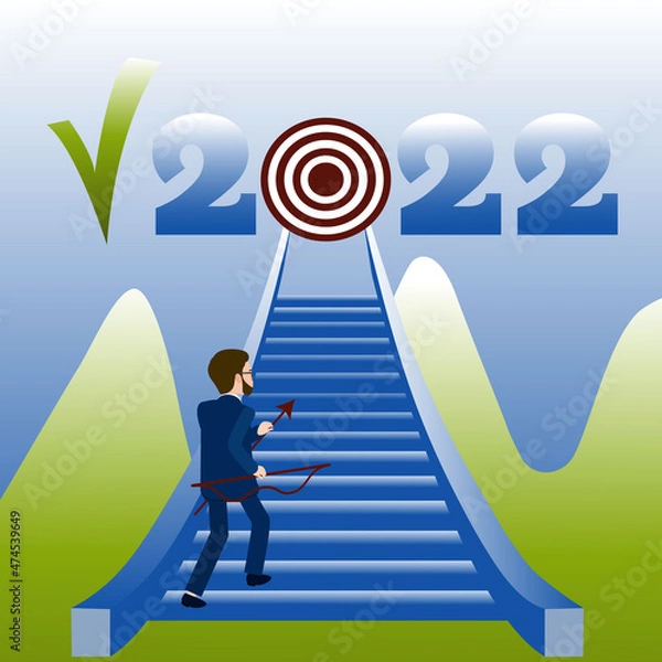 Obraz Achieving the goal in 2022. Vector illustration of a man running up the stairs that leads to the goal in 2022. Striving upward towards new opportunities and goals