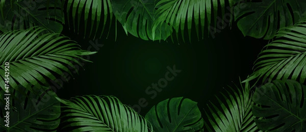 Fototapeta Realistic monstera and palm leaves on dark background. Modern background for your design. Illustration for birthday, party card, invitation, fashion. Copy space for your text.