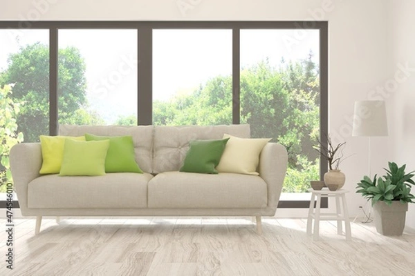 Fototapeta White living room with sofa and summer landscape in window. Scandinavian interior design. 3D illustration