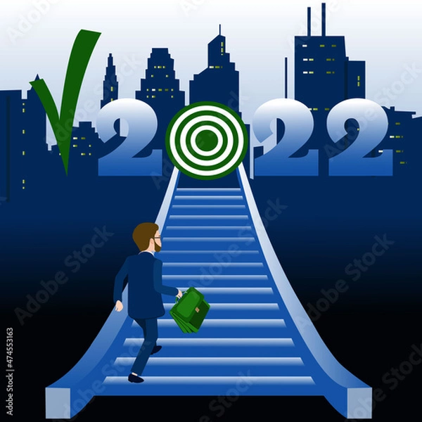Obraz Achieving goals and career growth in 2022. Vector illustration of a man running up a ladder that leads to a career goal in 2022. Striving upward for new opportunities and achievements in business