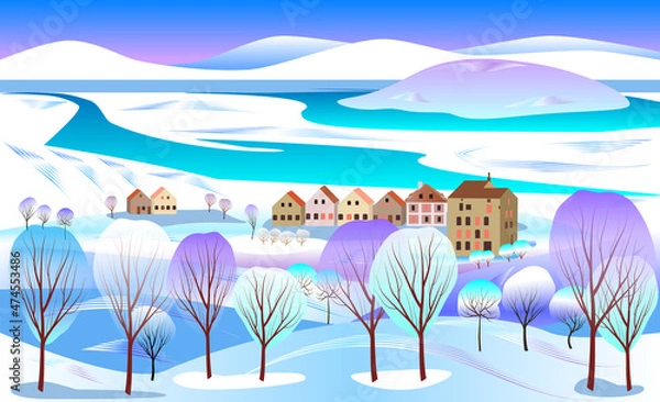 Obraz Winter. Snowy trees, snowy hills, village, icy river, mountains. Vector illustracion.