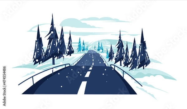 Fototapeta Empty country scene among hills with snowy road and fir-trees. Winter road or flat vector illustration.