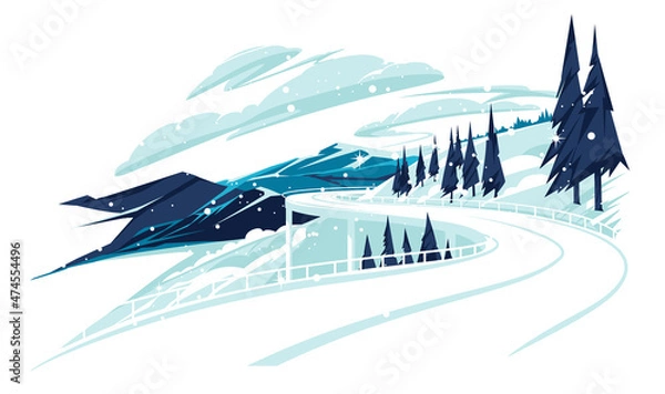 Fototapeta Automobile road in the mountains in winter. Flat vector landscape of hills, mountains and highway Illustration of overpass with cement barrier.