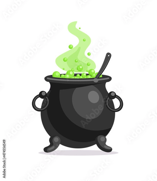 Fototapeta The Witch's iron cauldron with bubbling green liquid and a spoon. Magic potion and witchcraft. Halloween holiday element. Vector illustration.