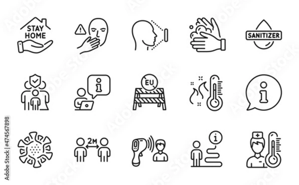 Fototapeta Medical icons set. Included icon as Social distancing, Thermometer, Eu close borders signs. Electronic thermometer, Dont touch, Stay home symbols. Hand sanitizer, Coronavirus, Face id. Vector