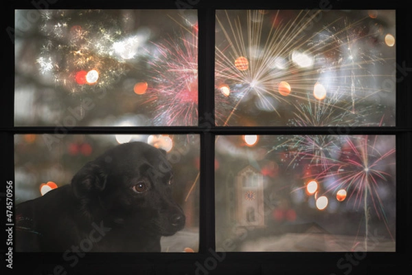 Fototapeta Sad puppy dog looks out the window and watching the fireworks