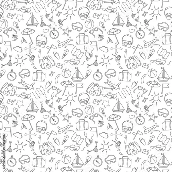 Obraz Seamless pattern on the theme of summer holidays in hot countries, simple dark contour icons on white background