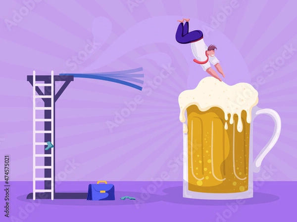 Fototapeta Happy cartoon office worker diving into huge glass of beer after a hard week. Vector illustration of businessman drinking, parting, relaxing at the bar on Friday. Drunk clerk hangout with beverage
