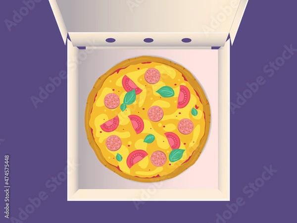 Fototapeta Pizza in open delivery box. Tasty margarita, pepperoni with cheese, meat, salami, tomato, sauce, basil, spicy spices, and thick dough in carton. Cartoon vector illustration. Top view.