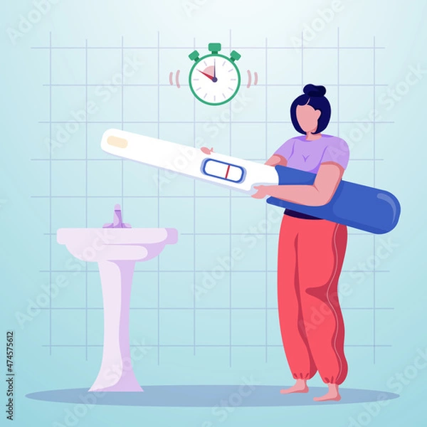 Fototapeta Cartoon woman checking hcg pregnancy test and waiting for result in the bathroom. Female character holding a huge test. No menstruation, period. Colorful vector illustration.