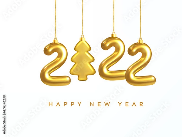Fototapeta 2022 New Year card. Design of Christmas decorations hanging on a gold chain gold number 2022 and Christmas Tree. Lettering Happy new year