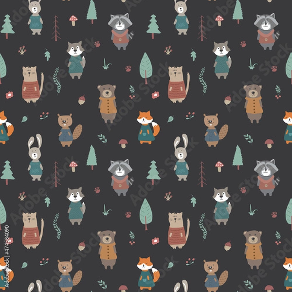 Obraz Cute animals Seamless pattern. Cartoon Animals in forest background. Vector illustration