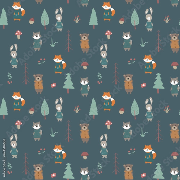 Obraz Cute animals Seamless pattern. Cartoon Animals in forest background. Vector illustration