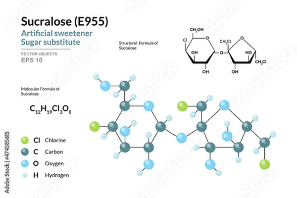 Fototapeta Sucralose. E955. Artificial Sweetener and Sugar Substitute. Structural Chemical Formula and Molecule 3d Model. C12H19Cl3O8. Atoms with Color Coding. Vector Illustration