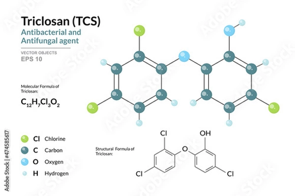 Fototapeta Triclosan. TCS. Antibacterial and Antifungal agent. Antiseptic. Pesticide. Structural Chemical Formula and Molecule 3d Model. C12H7Cl3O2. Atoms with Color Coding. Vector Illustration