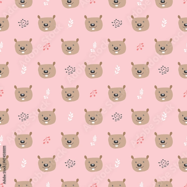 Obraz Cute Beaver Seamless pattern. Cartoon Animals in forest background. Vector illustration