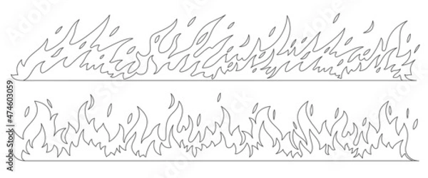 Fototapeta Fire bonfire border flames thin black line set. Collection sign danger ignition object forest fires flammable liquid. Outline flame energy fiery explosion hot discount simple icon isolated on white