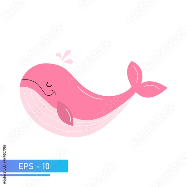 Obraz A kind pink whale in delicate pink colors, splashes water out of itself when exhaling. Proud and sweet. Vector illustration.