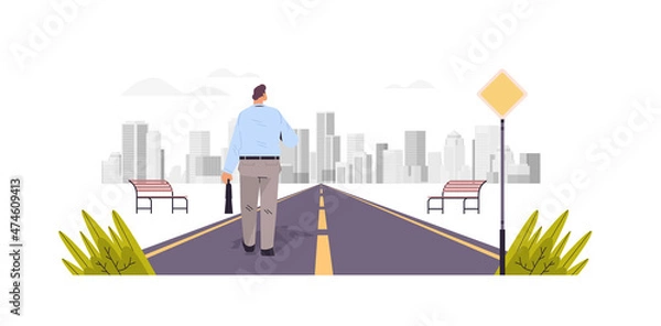 Fototapeta businessman with suitcase standing on asphalt road business man looking at modern architecture leadership successful vision