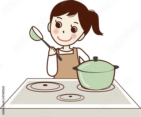 Fototapeta IHコンロで料理をするエプロン姿の笑顔の女性。