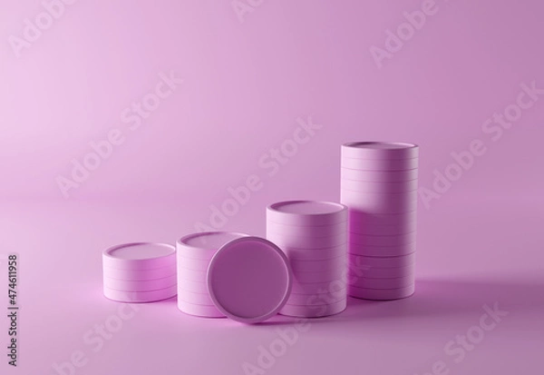 Fototapeta Pile of pink coins placed on a pink background, 3d rendering