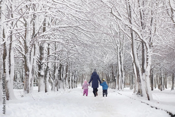 Fototapeta Snow-covered winter park and benches. Park and pier for feeding ducks and pigeons.Family on a walk in the snow covered the park.