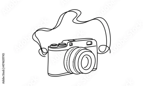 Fototapeta line drawing Photo camera linear style. Black image isolated on white background. Hand drawn minimalism style vector illustration doodle style