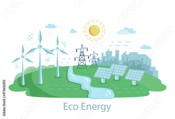 Fototapeta Renewable Power Sources with Windmills. Alternative Clean Energy Concept with Wind Turbines and Solar Panels. flat illustration