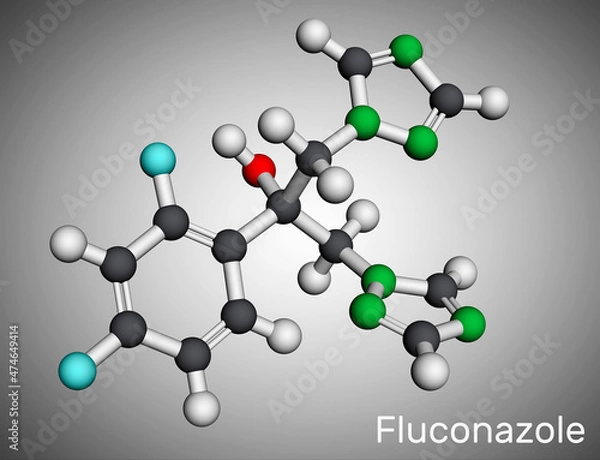 Fototapeta Fluconazole, molecule. It is triazole antifungal medication used to treat fungal infections, candidiasis. Molecular model. 3D rendering