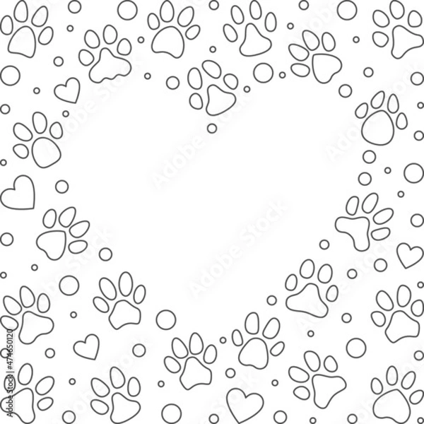 Fototapeta Heart shaped Frame made of outline Pet Paw Prints symbols