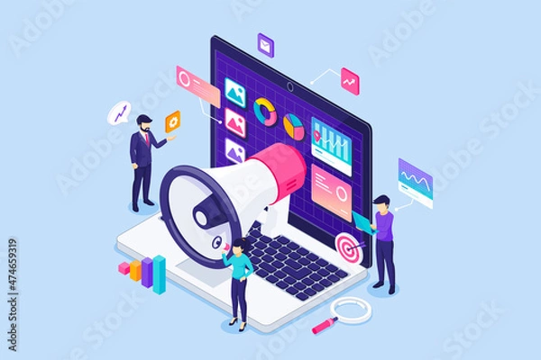Fototapeta Digital Marketing concept. business people characters work near a giant laptop with graph charts and diagrams. Planning Business Strategy. Isometric Vector Illustration